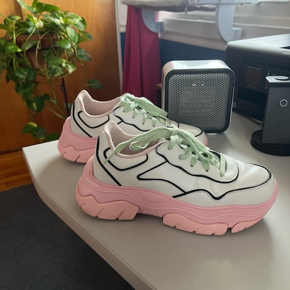 Skechers Women's White Sneakers with Pink Soles & Mint Laces - Picture 2 of 6